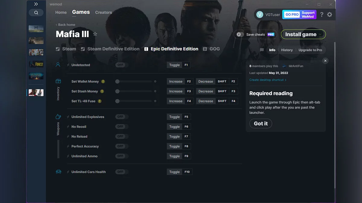 Mafia 3: Definitive Edition — Трейнер (+10) от 31.05.2022 [WeMod]