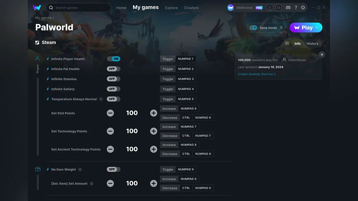 Palworld — Трейнер (+23) от 19.01.2024 [WeMod]
