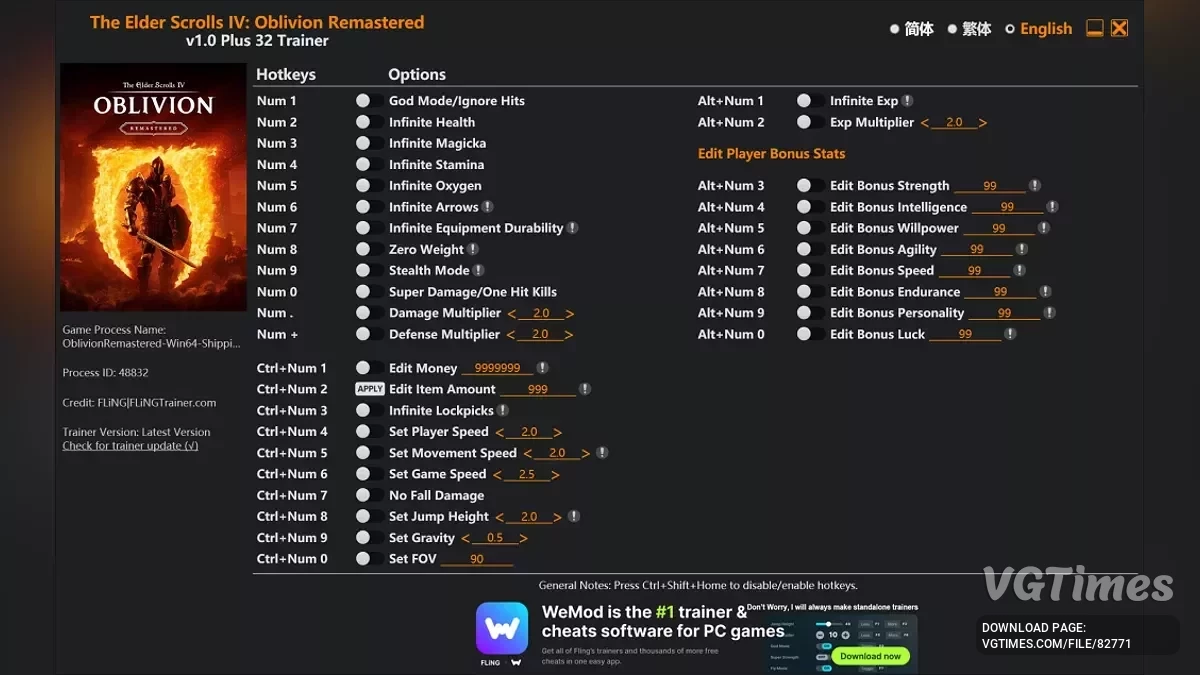 The Elder Scrolls 4: Oblivion Remastered — Трейнер (+32) [1.0]