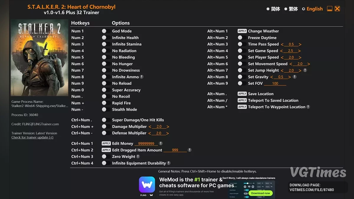 S.T.A.L.K.E.R. 2: Heart of Chornobyl — Трейнер (+32) [1.0 - 1.6]