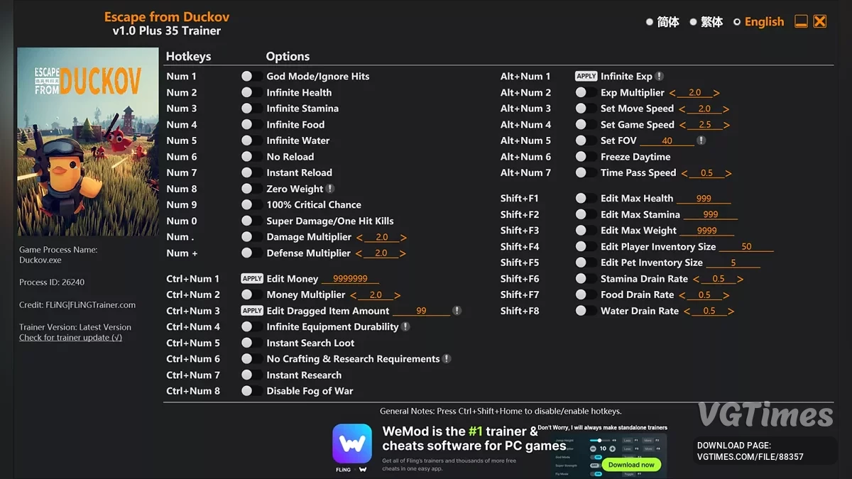 Escape from Duckov — Трейнер (+35) [1.0]